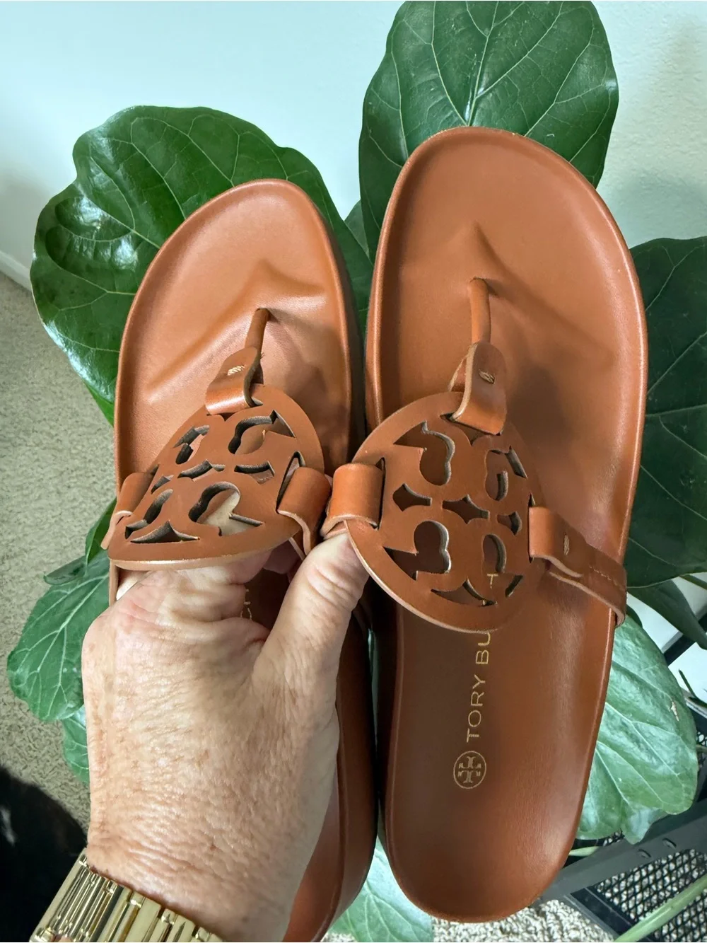 Tory Burch Cognac Leather Logo Toe-Post Sandals